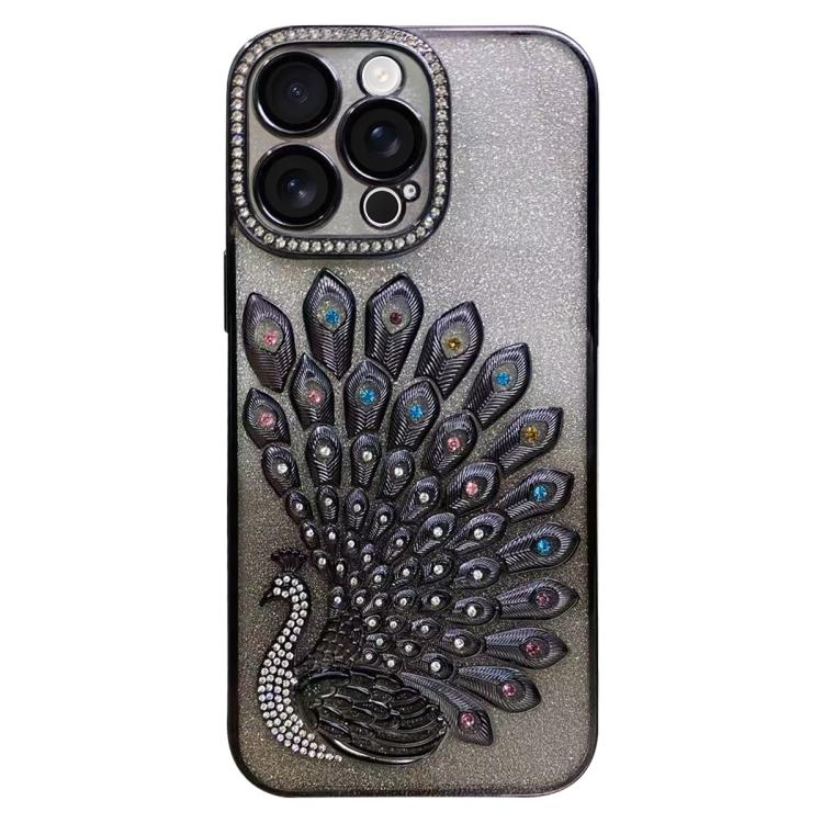 

For iPhone 13 Pro Max Electroplated TPU Peacock Relief Rhinestone Glitter Phone Case with Lens Film(Black)