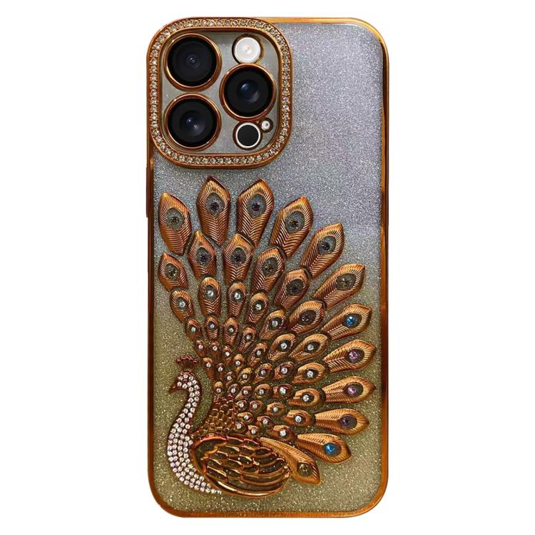 For iPhone 13 Pro Electroplated TPU Peacock Relief Rhinestone Glitter Phone Case with Lens Film(Orange)
