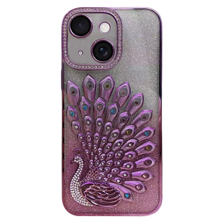 

For iPhone 13 Electroplated TPU Peacock Relief Rhinestone Glitter Phone Case with Lens Film(Pink)