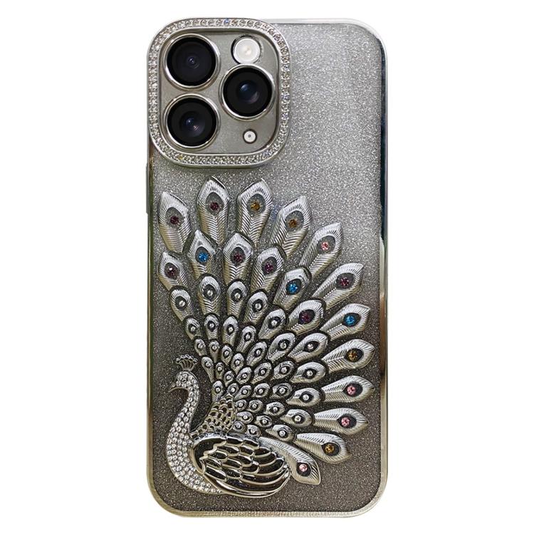 

For iPhone 11 Pro Max Electroplated TPU Peacock Relief Rhinestone Glitter Phone Case with Lens Film(Silver)