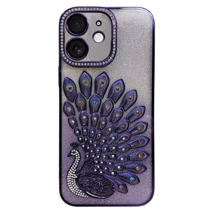 

For iPhone 11 Electroplated TPU Peacock Relief Rhinestone Glitter Phone Case with Lens Film(Purple)
