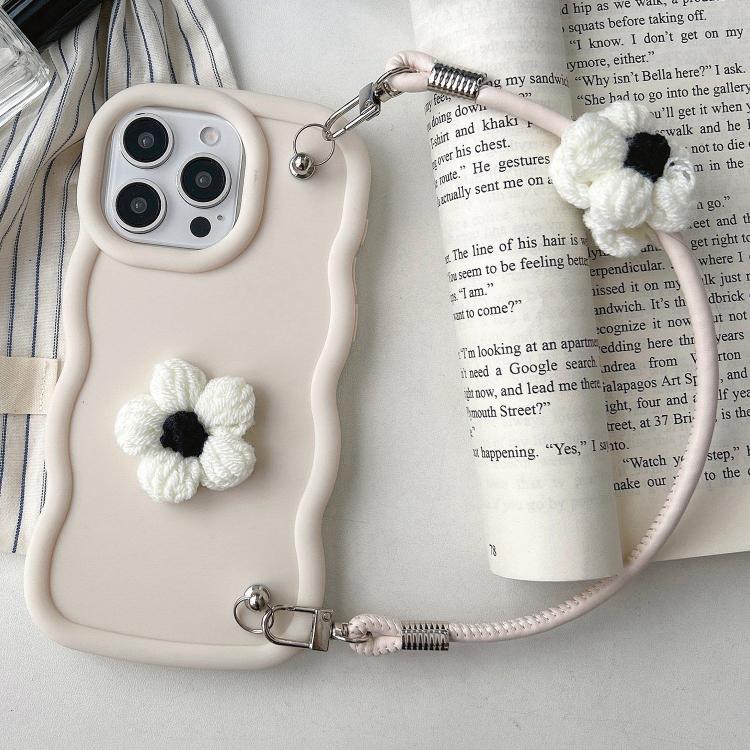

For iPhone 16 Pro Max Plush Flower Wavy TPU Phone Case with Lanyard(White)