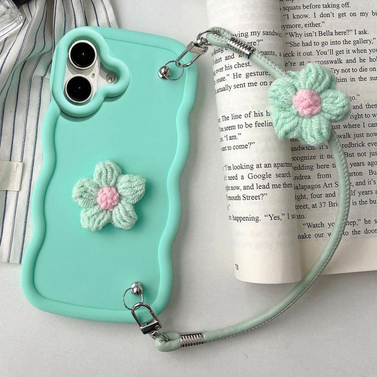 

For iPhone 16 Plus Plush Flower Wavy TPU Phone Case with Lanyard(Green)