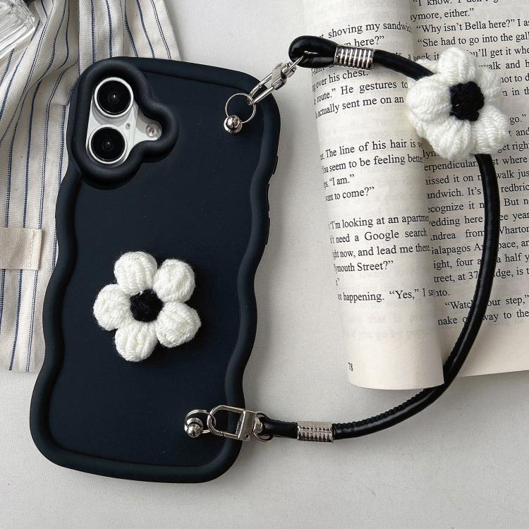 

For iPhone 16 Plus Plush Flower Wavy TPU Phone Case with Lanyard(Black)