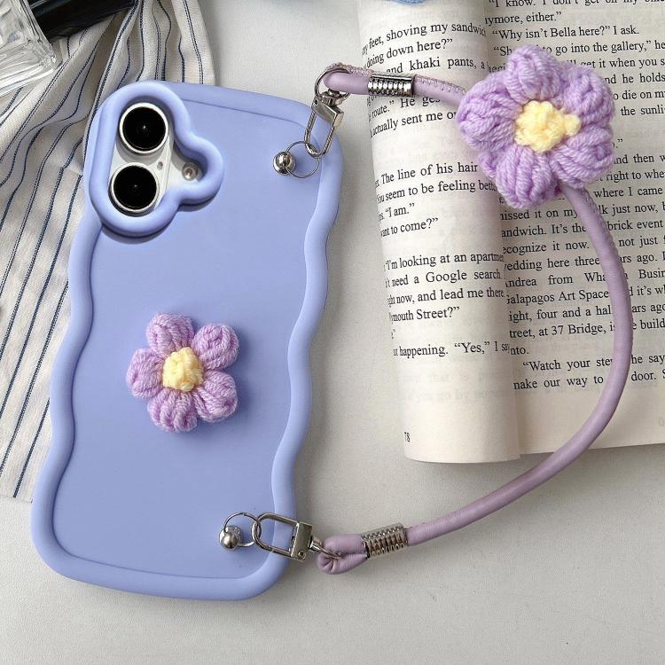 

For iPhone 16 Plus Plush Flower Wavy TPU Phone Case with Lanyard(Light Purple)