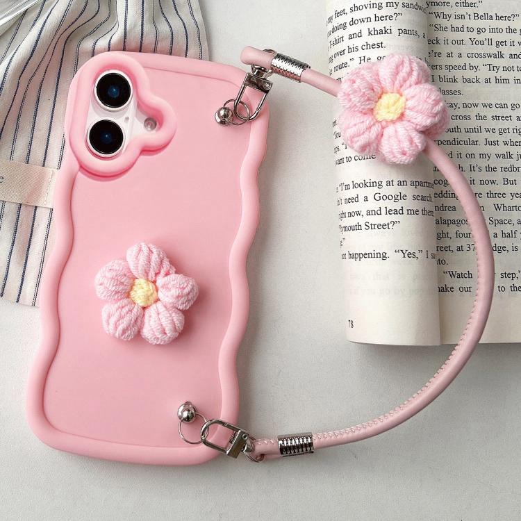

For iPhone 16 Plush Flower Wavy TPU Phone Case with Lanyard(Pink)