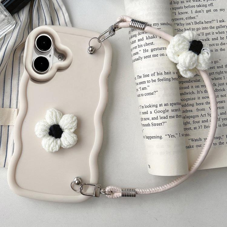 

For iPhone 16 Plush Flower Wavy TPU Phone Case with Lanyard(White)