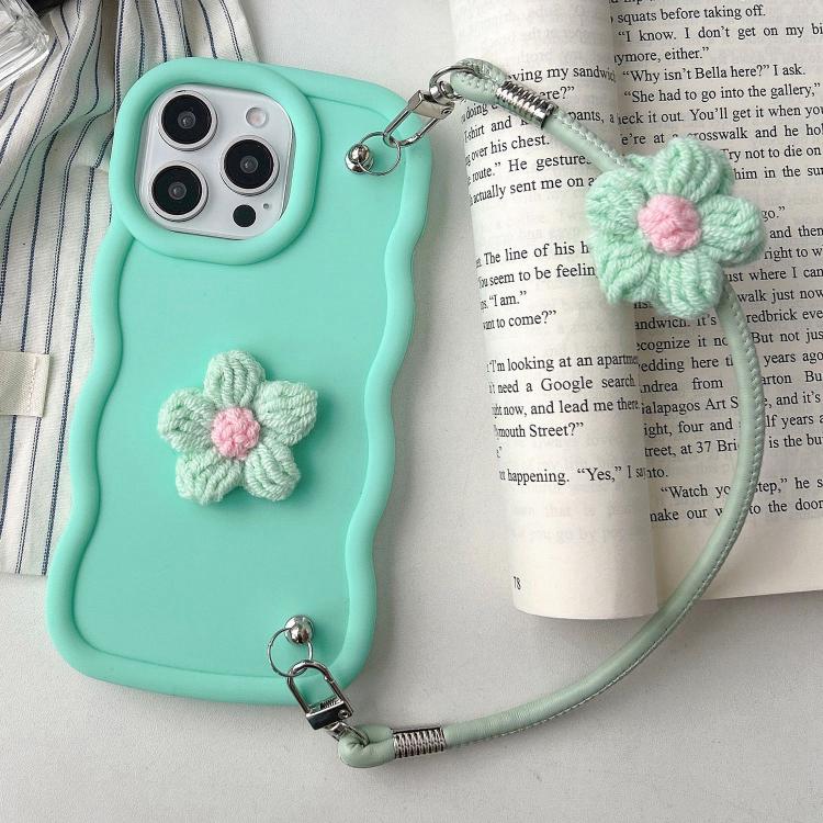 

For iPhone 15 Pro Plush Flower Wavy TPU Phone Case with Lanyard(Green)