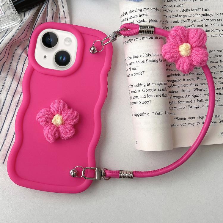 

For iPhone 15 Plush Flower Wavy TPU Phone Case with Lanyard(Rose Red)