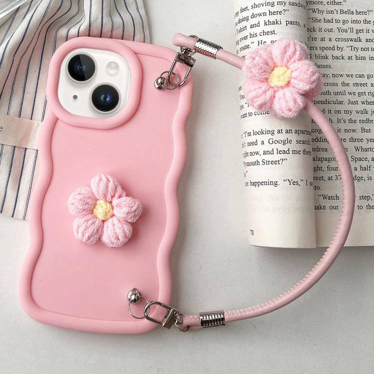 

For iPhone 14 Plus Plush Flower Wavy TPU Phone Case with Lanyard(Pink)