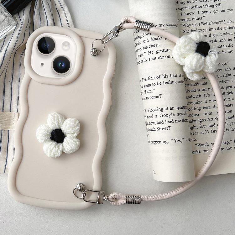 

For iPhone 14 Plus Plush Flower Wavy TPU Phone Case with Lanyard(White)