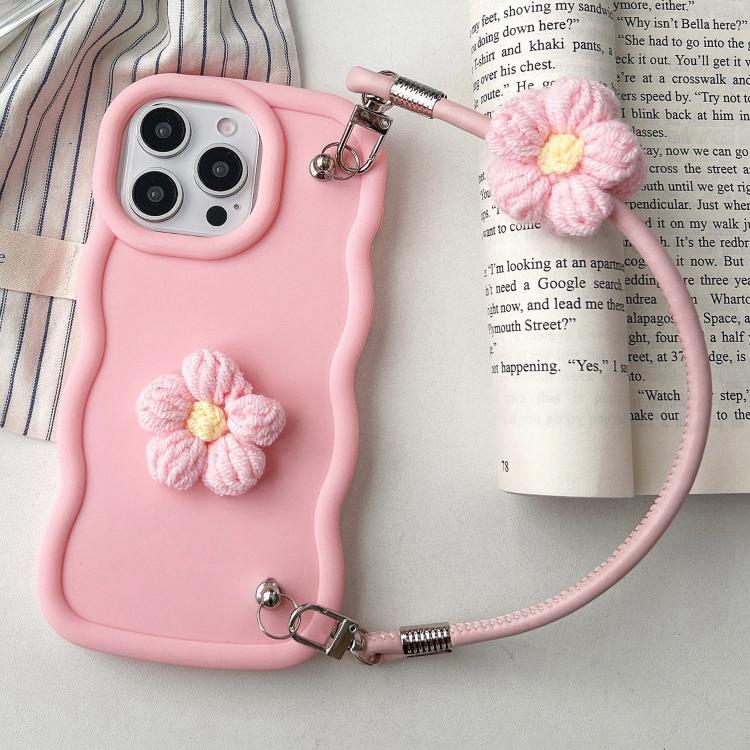 

For iPhone 14 Pro Plush Flower Wavy TPU Phone Case with Lanyard(Pink)