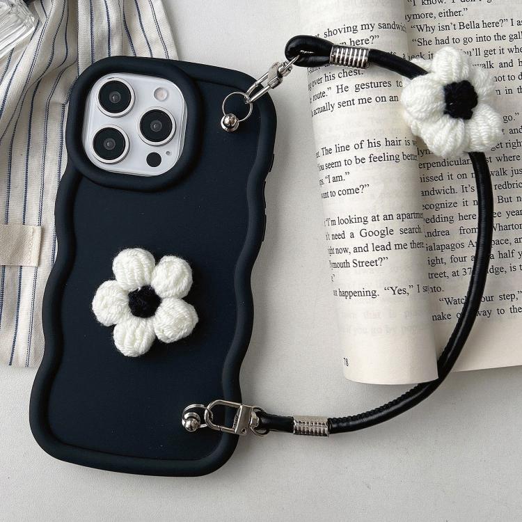 

For iPhone 14 Pro Max Plush Flower Wavy TPU Phone Case with Lanyard(Black)
