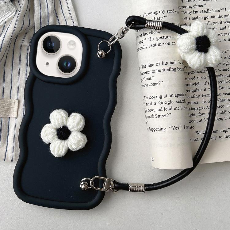 

For iPhone 13 Plush Flower Wavy TPU Phone Case with Lanyard(Black)