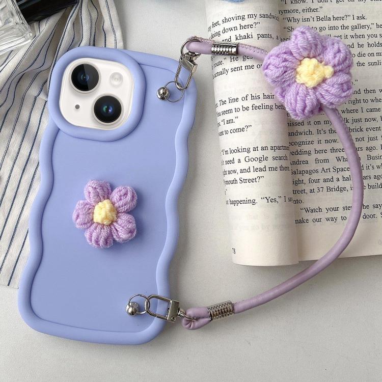 

For iPhone 13 Plush Flower Wavy TPU Phone Case with Lanyard(Light Purple)