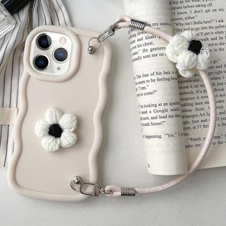 

For iPhone 11 Pro Max Plush Flower Wavy TPU Phone Case with Lanyard(White)