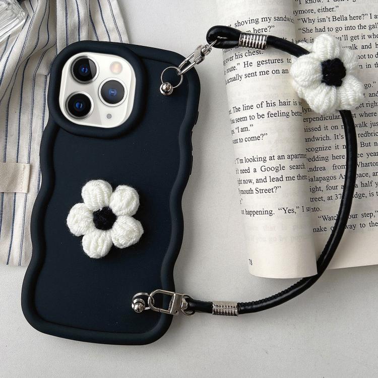 

For iPhone 11 Pro Max Plush Flower Wavy TPU Phone Case with Lanyard(Black)