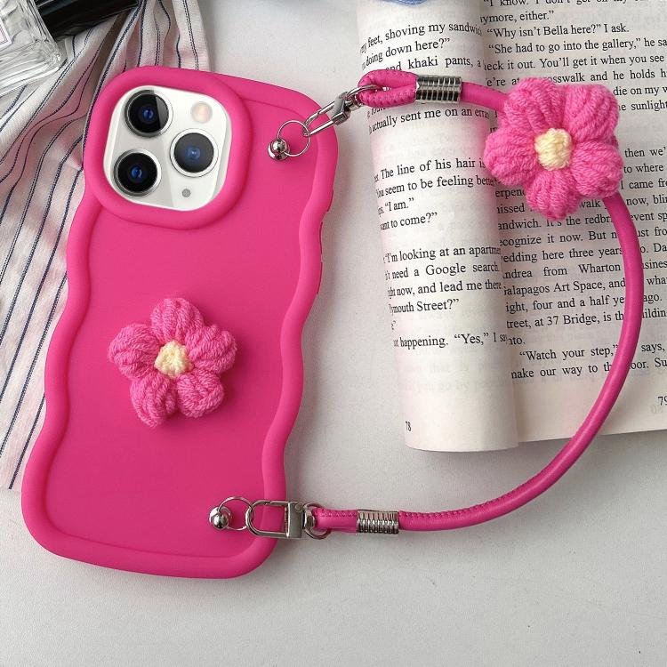 

For iPhone 11 Pro Max Plush Flower Wavy TPU Phone Case with Lanyard(Rose Red)