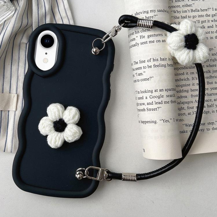 

For iPhone XR Plush Flower Wavy TPU Phone Case with Lanyard(Black)