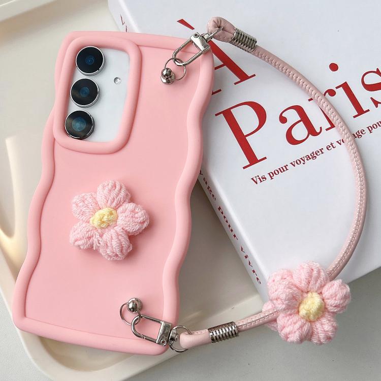 

For Samsung Galaxy F55 5G Plush Flower Wavy TPU Phone Case with Lanyard(Pink)