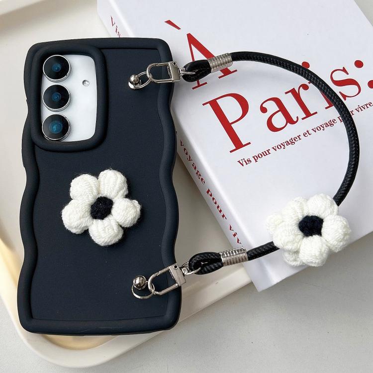 

For Samsung Galaxy S25+ 5G Plush Flower Wavy TPU Phone Case with Lanyard(Black)