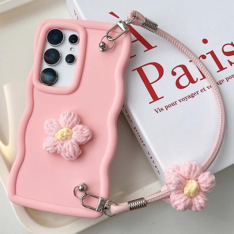 

For Samsung Galaxy S24 Ultra 5G Plush Flower Wavy TPU Phone Case with Lanyard(Pink)