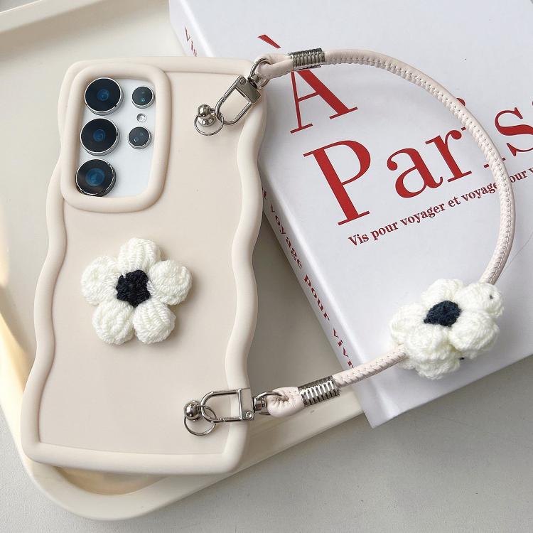 

For Samsung Galaxy S24 Ultra 5G Plush Flower Wavy TPU Phone Case with Lanyard(White)