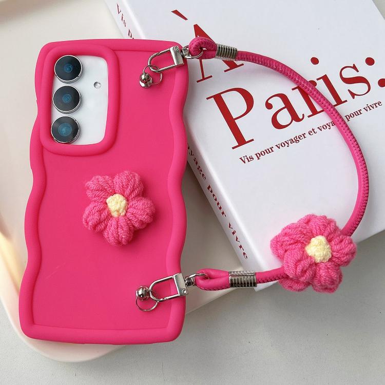 

For Samsung Galaxy S24 5G Plush Flower Wavy TPU Phone Case with Lanyard(Rose Red)