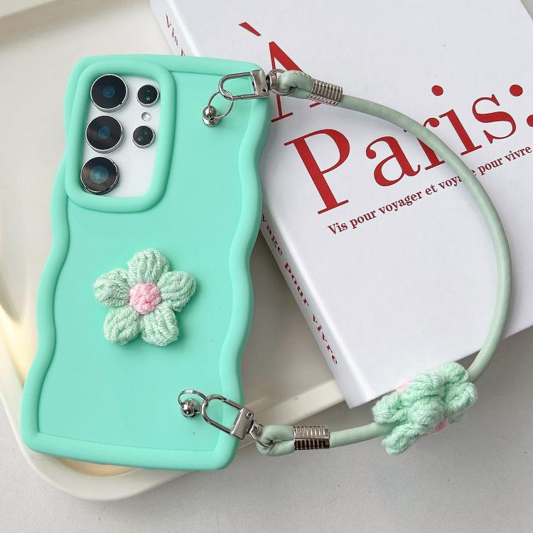 

For Samsung Galaxy S23 Ultra 5G Plush Flower Wavy TPU Phone Case with Lanyard(Green)