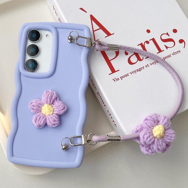 

For Samsung Galaxy S23 5G Plush Flower Wavy TPU Phone Case with Lanyard(Light Purple)