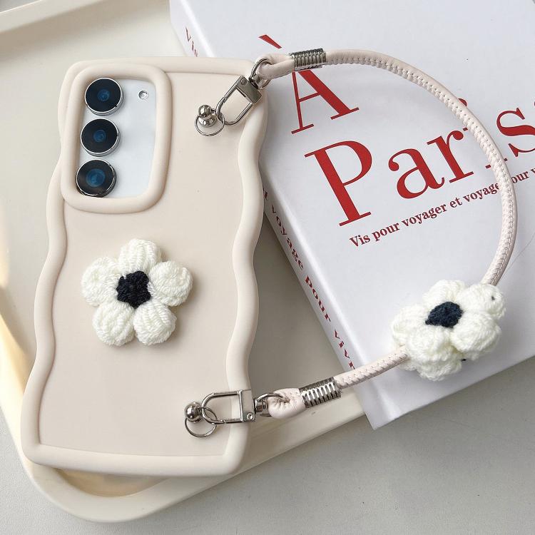 

For Samsung Galaxy S23+ 5G Plush Flower Wavy TPU Phone Case with Lanyard(White)