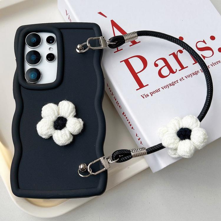 

For Samsung Galaxy S22 Ultra 5G Plush Flower Wavy TPU Phone Case with Lanyard(Black)