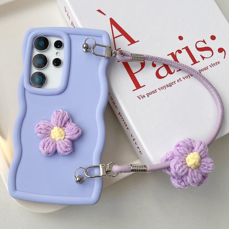 

For Samsung Galaxy S22 Ultra 5G Plush Flower Wavy TPU Phone Case with Lanyard(Light Purple)