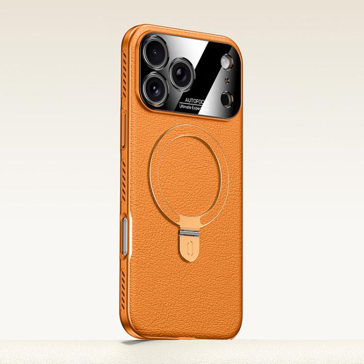 

For iPhone 17 Pro Max Electroplated PC Cooling Leather Holder MagSafe Phone Case(Orange)