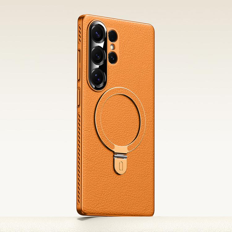 

For Samsung Galaxy S25 Ultra 5G Electroplated PC Cooling Leather Holder MagSafe Phone Case(Orange)
