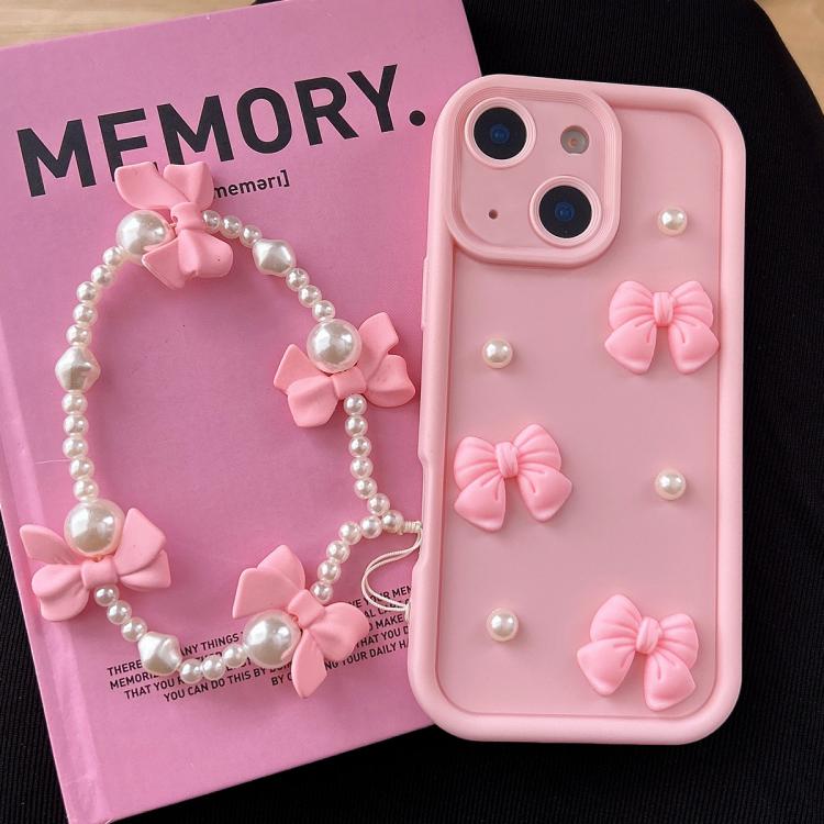 

For iPhone 14 Soft Silicone 3D Bowknot Pearl Phone Case with Beaded Wrist Strap(Pink)