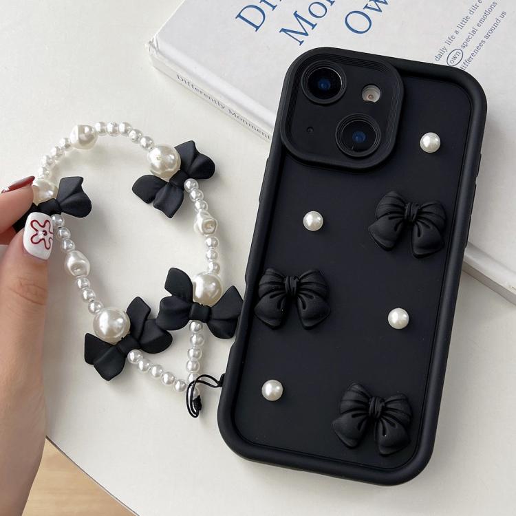 

For iPhone 15 Soft Silicone 3D Bowknot Pearl Phone Case with Beaded Wrist Strap(Black)