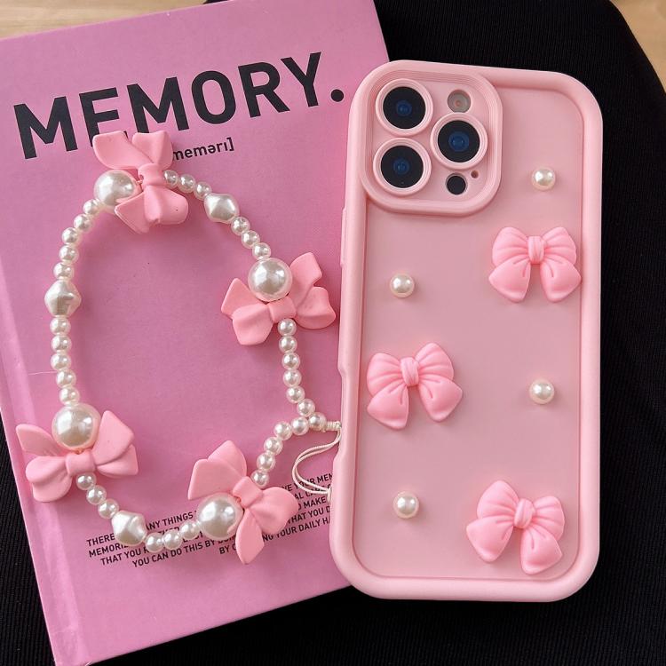 

For iPhone 16 Pro Soft Silicone 3D Bowknot Pearl Phone Case with Beaded Wrist Strap(Pink)