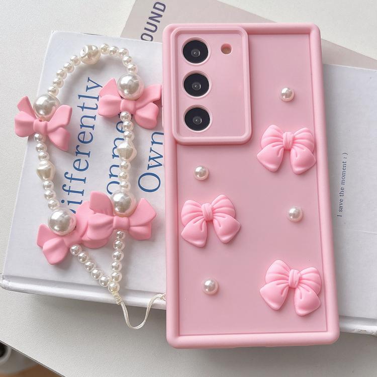 

For Samsung Galaxy S22+ 5G Soft Silicone 3D Bowknot Pearl Phone Case with Beaded Wrist Strap(Pink)