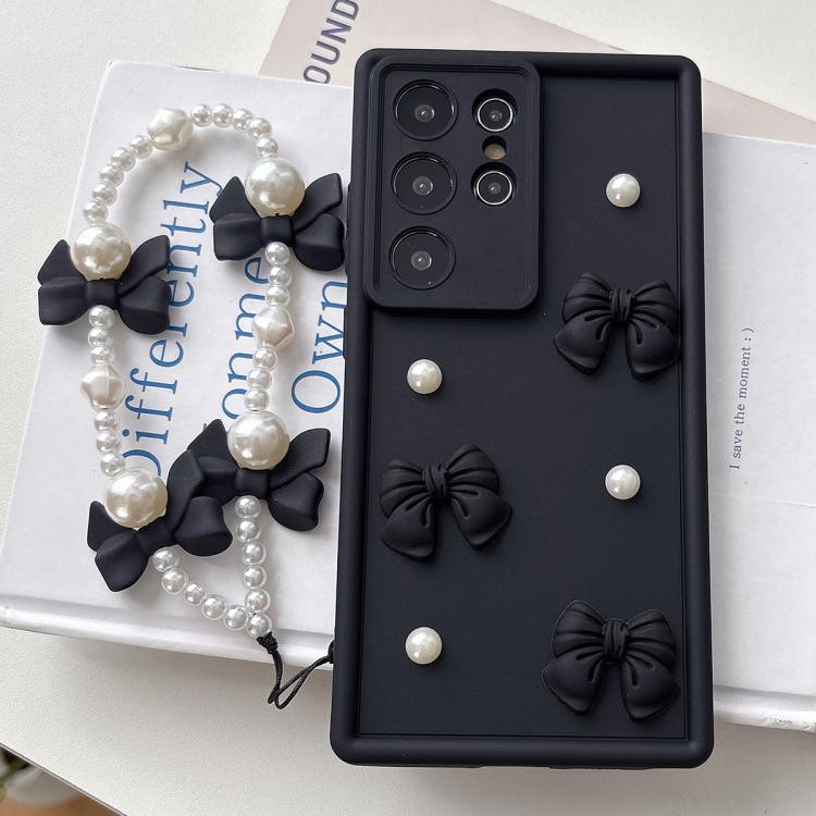 

For Samsung Galaxy S23 Ultra 5G Soft Silicone 3D Bowknot Pearl Phone Case with Beaded Wrist Strap(Black)