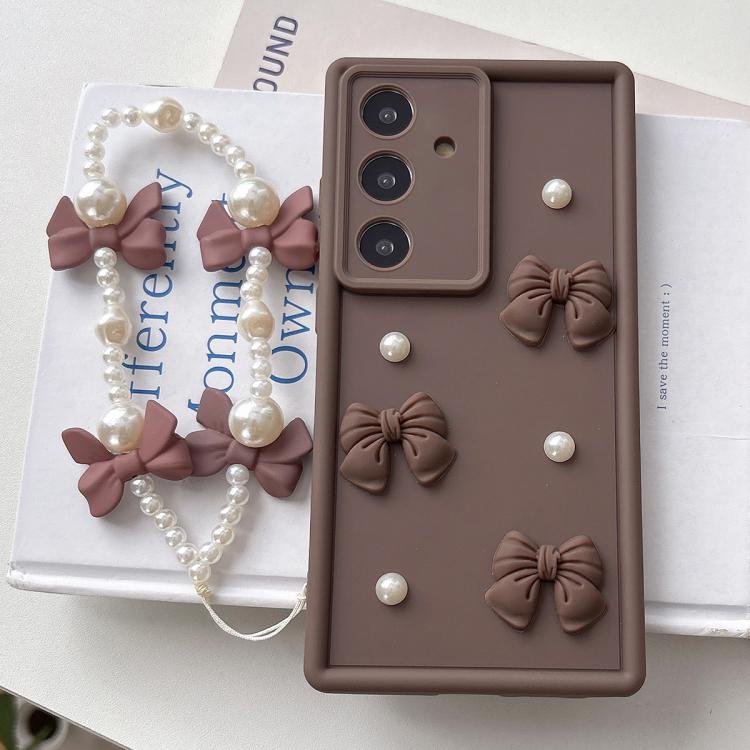 

For Samsung Galaxy S25 5G Soft Silicone 3D Bowknot Pearl Phone Case with Beaded Wrist Strap(Coffee)