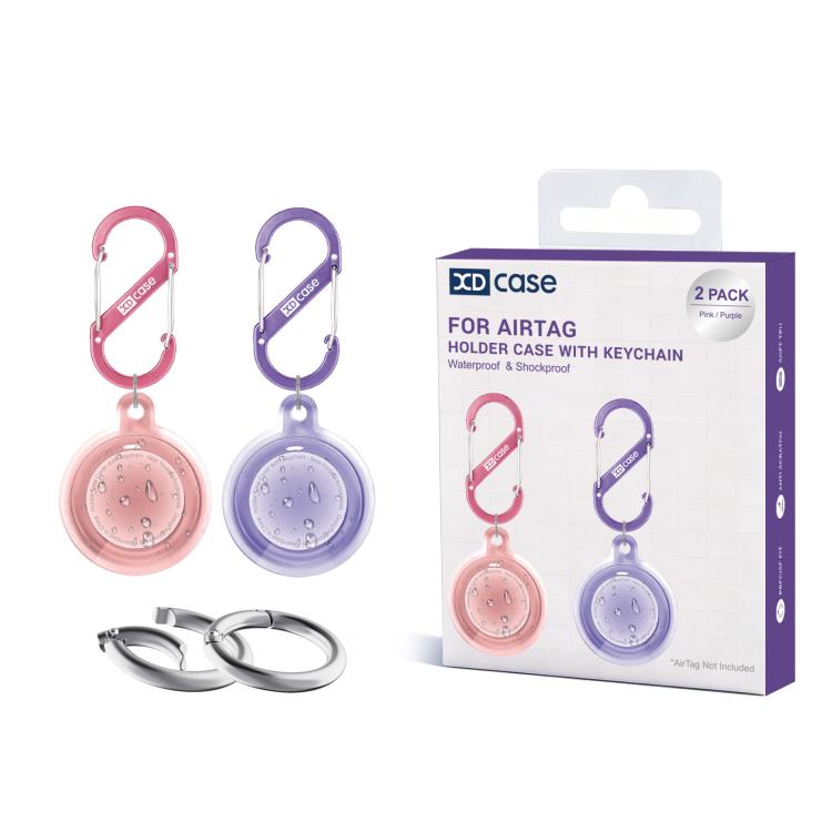 

For AirTag XDcase 2 Pack Full-cover Waterproof TPU Protective Case with Keychain(Pink+Purple)