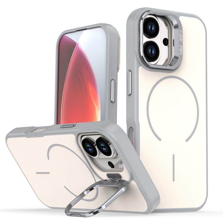 

For iPhone 17 Bright Color Contrast Skin-feel Camera Bracket Magsafe Phone Case(Grey)