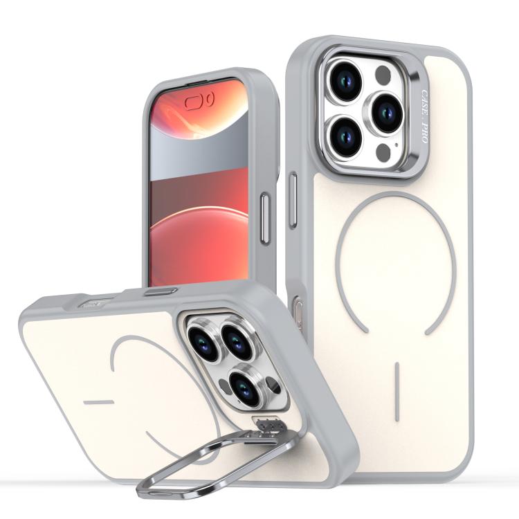 

For iPhone 16 Pro Bright Color Contrast Skin-feel Camera Bracket Magsafe Phone Case(Grey)