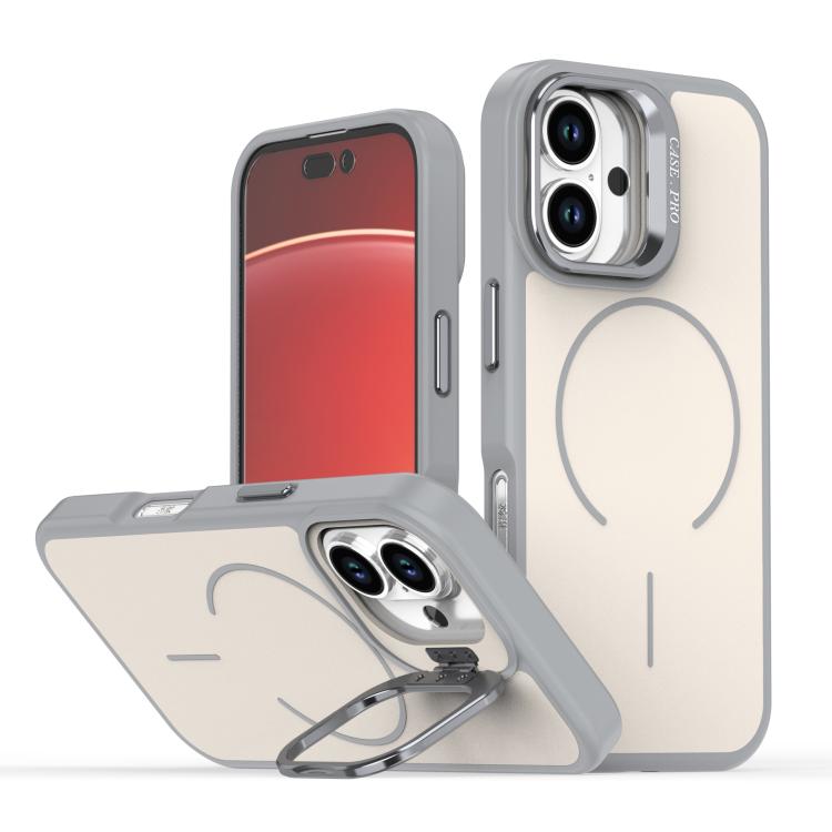 

For iPhone 16 Plus Bright Color Contrast Skin-feel Camera Bracket Magsafe Phone Case(Grey)