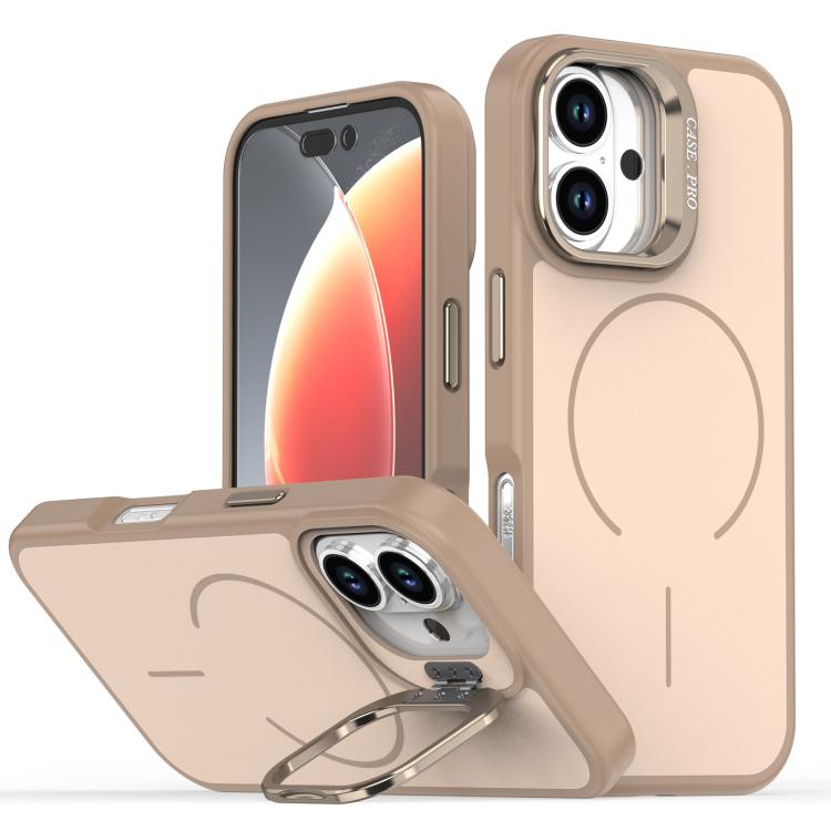 

For iPhone 16 Bright Color Contrast Skin-feel Camera Bracket Magsafe Phone Case(Desert Gold)