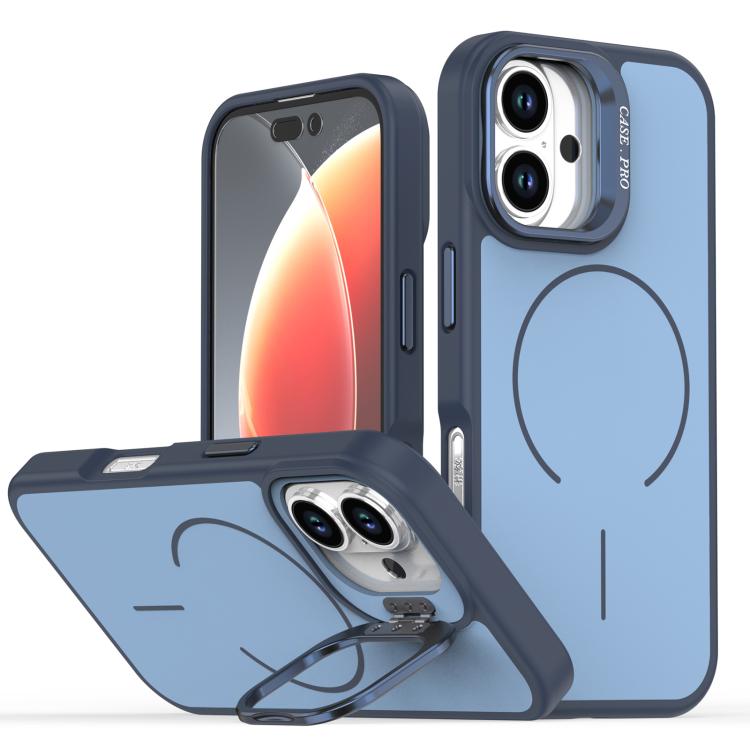 

For iPhone 16 Bright Color Contrast Skin-feel Camera Bracket Magsafe Phone Case(Blue)
