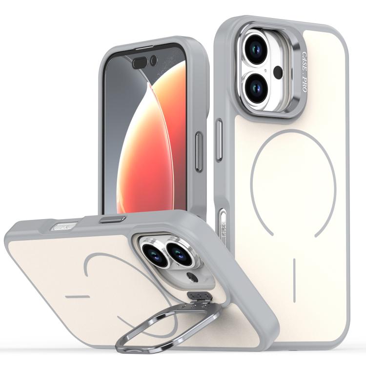 

For iPhone 16 Bright Color Contrast Skin-feel Camera Bracket Magsafe Phone Case(Grey)