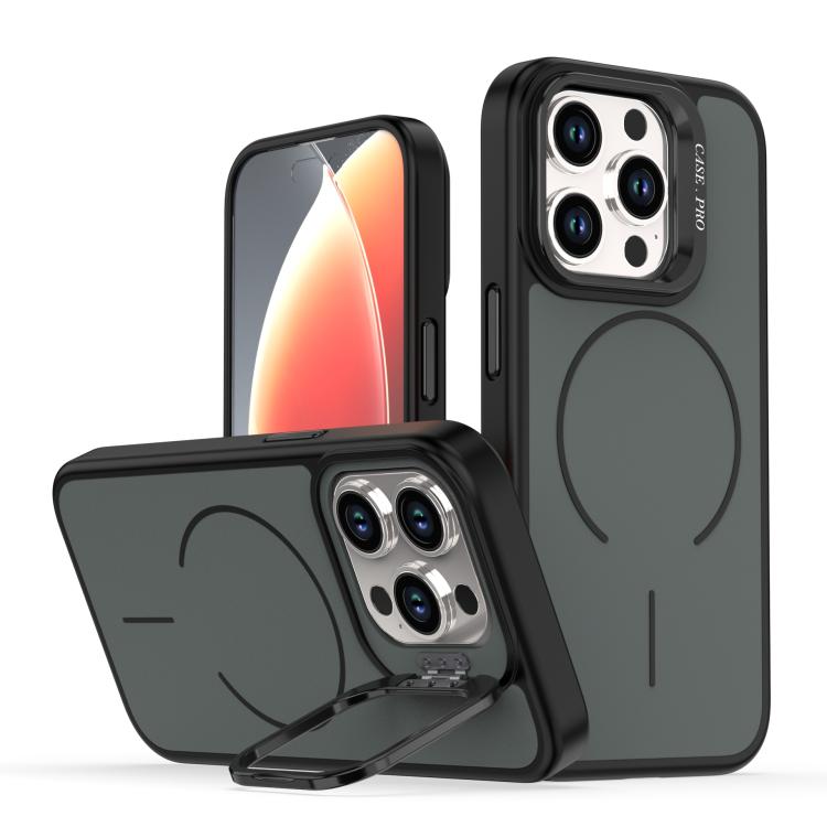 

For iPhone 15 Pro Max Bright Color Contrast Skin-feel Camera Bracket Magsafe Phone Case(Black)