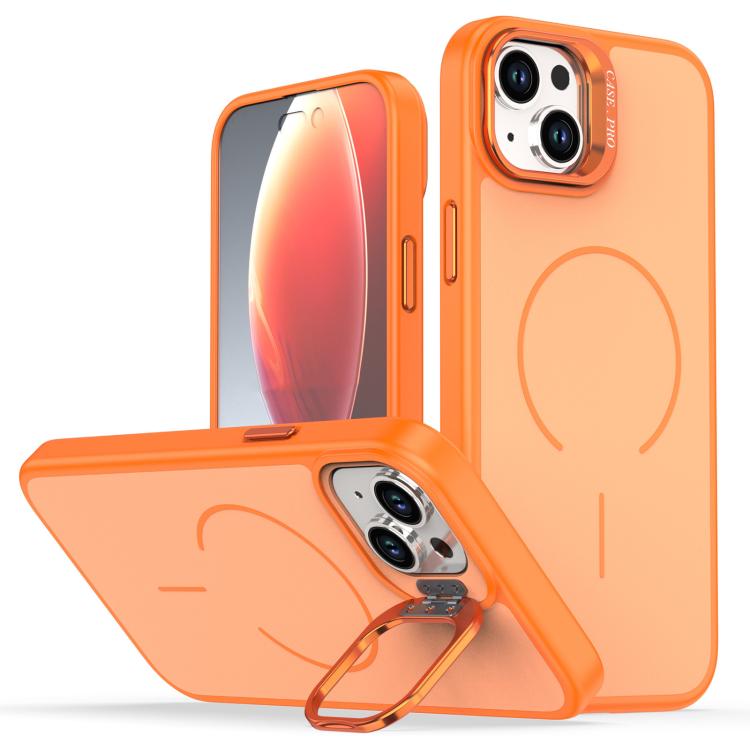

For iPhone 14 Plus Bright Color Contrast Skin-feel Camera Bracket Magsafe Phone Case(Orange)